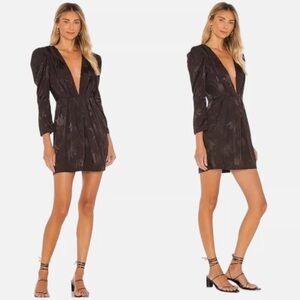 Misa x Revolve Charlize Black Satin Long Sleeve Plunging Neck Mini Dress